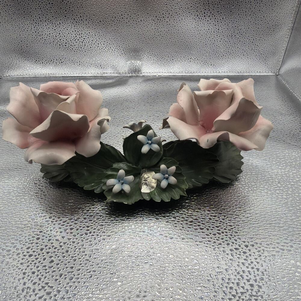Vintage Capodimonte Two Pink Roses Candle Holder Porcelain Made In Italy